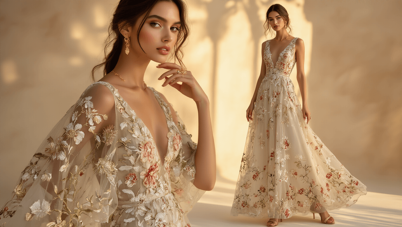 A woman in an elegant floral embroidered gown with intricate details, accessorized with delicate gold jewelry, set against a minimalist background during golden hour lighting.