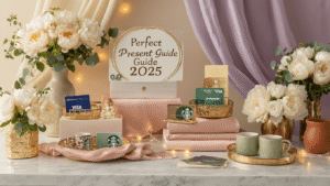 Ultimate Gift Card Guide for 2025: The Smartest Way to Give the Perfect Present Cinematic wide-angle view of an elegant marble countertop with tiered gift card presentation stations featuring silk blush pink linens, ornate gold holders with various gift cards, fresh white peonies and eucalyptus arrangements, and ambient fairy lights; backdrop includes sheer lavender drapery and custom signage reading "Perfect Present Guide 2025," all beautifully styled in golden hour sunlight.