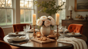 Ultimate Housewarming Gift Guide: Transforming Houses into Homes Elegant dining room setup for a housewarming, featuring a round mahogany table adorned with luxury scented candles, a fresh peony centerpiece, artisan cutting boards with gourmet snacks, crystal glassware, and monogrammed towels, all bathed in warm golden hour light that highlights brass and ceramic textures, creating an inviting atmosphere.