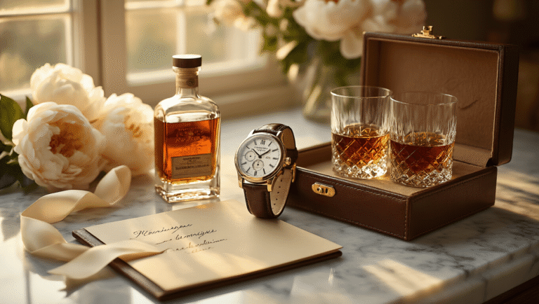 One Year Anniversary Gifts for Him: Celebrating Love and Memories Cinematic close-up of a marble countertop featuring personalized anniversary gifts, including an engraved watch, custom whiskey glasses, and a leather photo album, all bathed in warm golden hour lighting with soft bokeh from cream peonies and ivory ribbons in the background.