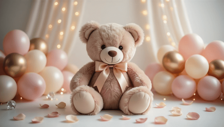 Bear with Balloons: The Ultimate Guide to Whimsical Event Decor A plush teddy bear centerpiece surrounded by blush pink, cream, and gold balloons on a white backdrop, illuminated by soft golden hour lighting, with scattered rose petals and sparkling crystal elements, creating a whimsical and luxurious party decor atmosphere.