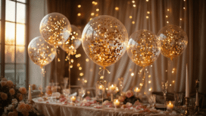 Transparent Balloons: The Ultimate Guide to Modern, Magical Event Styling A cinematic wide-angle shot of transparent balloons filled with golden confetti and fairy lights, suspended above a luxurious event setup with warm golden hour lighting, velvet textures, and romantic décor.