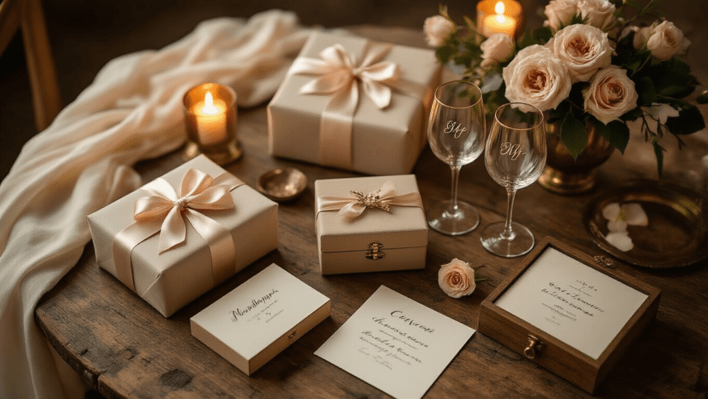 Ultimate Wedding Gift Guide for 2025: Thoughtful Presents That Wow Newlyweds Cinematic overhead shot of an elegant wedding gift display on a rustic wood table, featuring wrapped presents with silk ribbons, monogrammed wine glasses, personalized keepsake boxes, scattered blush roses, cream linen drapery, vintage brass accents, and handwritten cards, illuminated by warm candlelight, creating a cozy, intimate atmosphere.