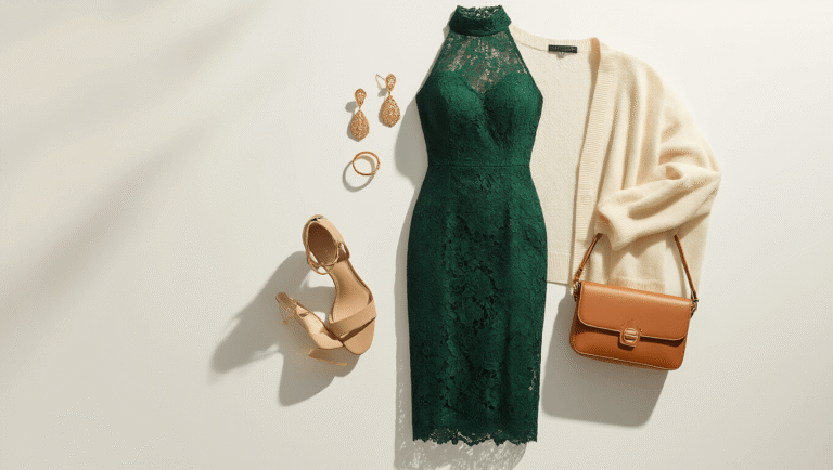 The High-Neck Lace Midi Dress: Your Secret Weapon for Effortless Elegance Elegant emerald green high-neck lace midi dress with gold drop earrings, stacking rings, nude strappy heels, cognac leather crossbody bag, and cream cashmere cardigan on a white background.