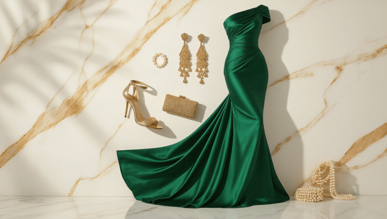 How to Style a Jewel-Tone One-Shoulder Gown Like a Fashion Pro Emerald green one-shoulder silk gown with gold accessories on a white marble surface, featuring chandelier earrings, metallic heels, and a beaded clutch, illuminated by warm lighting.