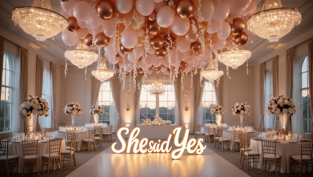 Stunning Engagement Balloons: The Ultimate Guide to Creating Magical Celebration Moments Cinematic wide-angle shot of an elegant ballroom decorated for an engagement celebration, featuring a stunning installation of blush pink, rose gold, and ivory balloons with cascading garlands, crystal chandeliers, silk ivory linens on reception tables, and soft natural light filtering through tall arched windows, creating a romantic and celebratory atmosphere.