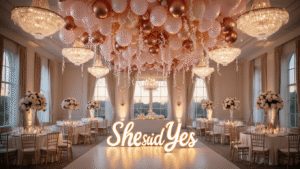 Stunning Engagement Balloons: The Ultimate Guide to Creating Magical Celebration Moments Cinematic wide-angle shot of an elegant ballroom decorated for an engagement celebration, featuring a stunning installation of blush pink, rose gold, and ivory balloons with cascading garlands, crystal chandeliers, silk ivory linens on reception tables, and soft natural light filtering through tall arched windows, creating a romantic and celebratory atmosphere.