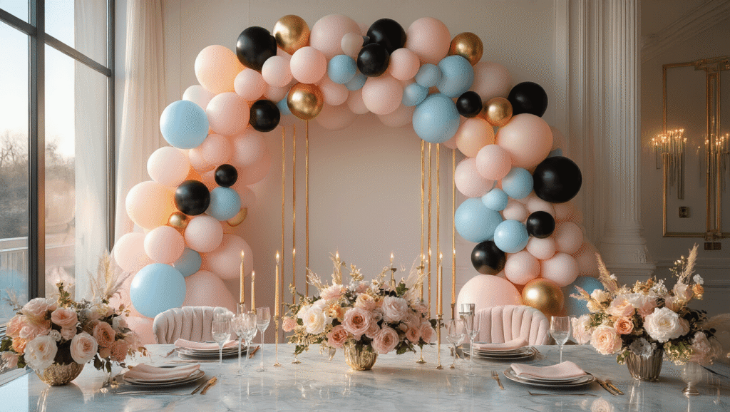 Epic Birthday Balloon Decoration Ideas That Will Blow Your Mind Luxurious birthday party setup featuring a pastel balloon arch in blush pink, sky blue, and peach, with metallic black and gold accents, elegant table settings, and soft bokeh lighting.