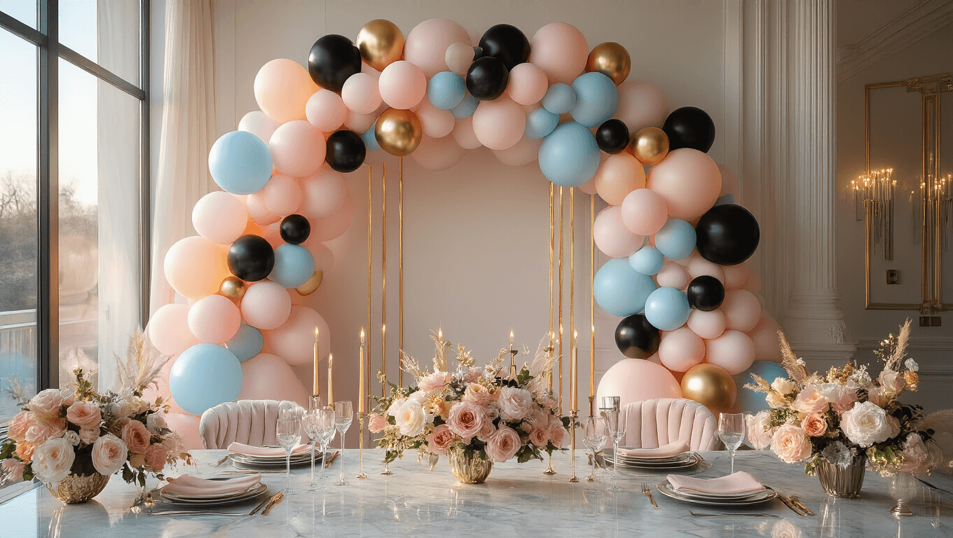Luxurious birthday party setup featuring a pastel balloon arch in blush pink, sky blue, and peach, with metallic black and gold accents, elegant table settings, and soft bokeh lighting.