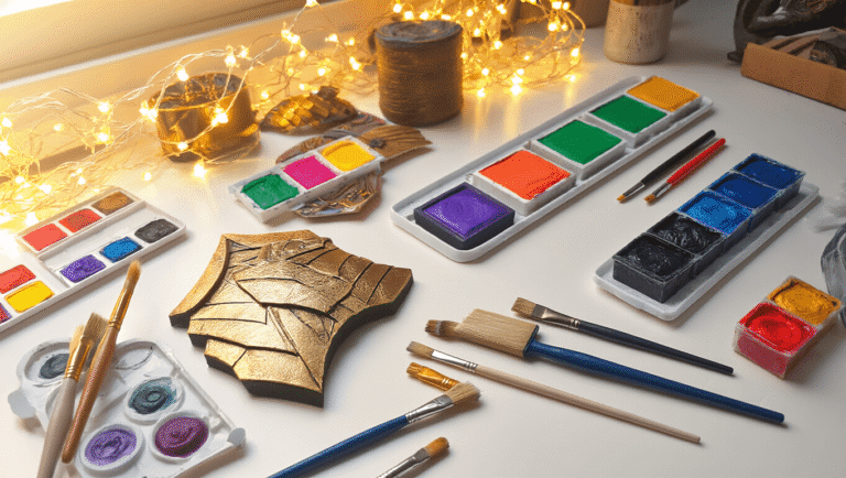 The Best Cosplay Examples in 2025: What Makes These Costumes Stand Out A warm and inviting crafting workspace featuring EVA foam armor pieces and vibrant jewel-toned acrylic paints on a clean white surface, illuminated by golden afternoon light, showcasing a creative atmosphere.