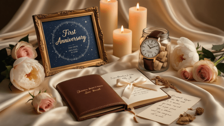 Top 1-Year Anniversary Gift Ideas for Him: Meaningful, Personal, and Unforgettable Cinematic flat lay of personalized first anniversary gifts on cream silk, featuring a gold-framed custom star map, an engraved watch, an open leather-bound photo book, love letters tied with ivory ribbon, and a memory jar, surrounded by blush roses, white peonies, and flickering candles, all captured in warm golden hour lighting.