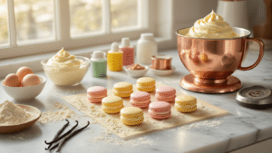 French Macarons Trio: A Delicate Dance of Flavor and Technique Cinematic overhead view of pastel macarons on silicone mats, almond flour-dusted marble countertop, copper mixer with glossy buttercream, scattered baking ingredients, warm golden hour lighting, and inviting artisanal kitchen atmosphere.