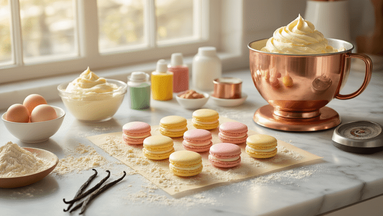 French Macarons Trio: A Delicate Dance of Flavor and Technique Cinematic overhead view of pastel macarons on silicone mats, almond flour-dusted marble countertop, copper mixer with glossy buttercream, scattered baking ingredients, warm golden hour lighting, and inviting artisanal kitchen atmosphere.
