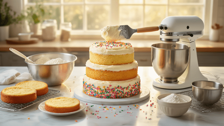 Funfetti Sprinkle Cake: The Ultimate Celebration Dessert Cinematic overhead view of a marble kitchen with a three-layer funfetti cake being assembled, topped with fluffy buttercream frosting and rainbow sprinkles, surrounded by baking tools and warm golden hour lighting.