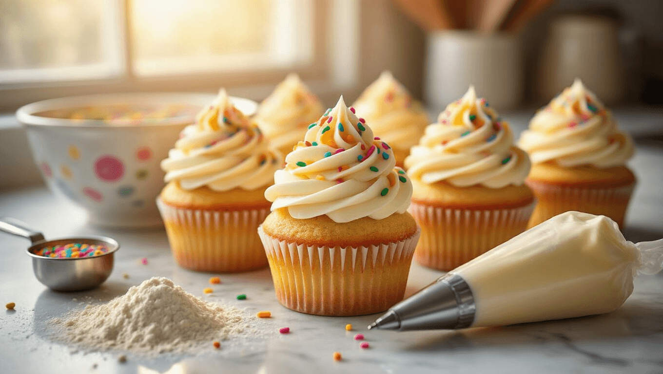 Cinematic close-up of golden funfetti cupcakes with swirled vanilla buttercream frosting and rainbow sprinkles, set on a flour-dusted white marble countertop, bathed in warm golden hour light, with a vintage mixing bowl, scattered cake flour, measuring spoons, and a piping bag in the foreground, creating a vibrant and inviting celebratory atmosphere.