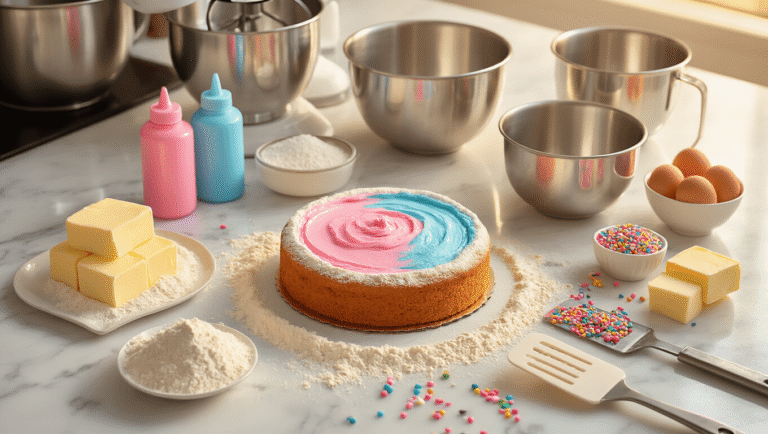 Gender Reveal Cake: The Ultimate Surprise Celebration Dessert Cinematic overhead view of a marble kitchen counter during golden hour, featuring vibrant pink and blue food coloring, flour, stainless steel bowls, electric mixer, measuring cups, softened butter, sugar, fresh eggs, vanilla extract, colorful sprinkles, and cake pans, evoking a warm and inviting atmosphere for a gender reveal cake preparation.