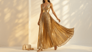 The Metallic Pleated Maxi Dress: How I Learned to Shine Without Feeling Overdressed A gold metallic pleated maxi dress displayed on a white background, complemented by rose gold jewelry, nude block heels, and a small cream clutch, all illuminated by warm lighting that enhances the dress's shimmering texture.