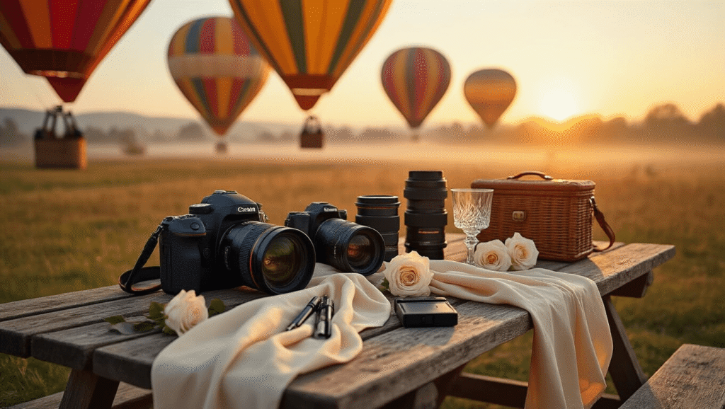Capturing Magical Moments: The Ultimate Guide to Hot Air Balloon Photography A picturesque golden hour scene showcasing professional camera gear on a rustic wooden table, with colorful hot air balloons inflating softly in the background, illuminated by warm amber sunlight.