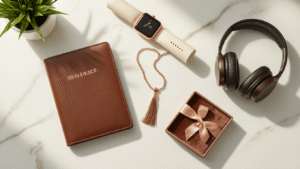 Graduation Gift Guide: The Ultimate Selection for Every Graduate Cinematic flatlay of elegant personalized graduation gifts on white marble: monogrammed leather journal, rose gold smartwatch, personalized passport holder, charm necklace in velvet box, noise-canceling headphones, graduation cap, and rolled diploma with silk ribbon. Soft natural lighting highlights textures and a minimalist aesthetic of warm colors.