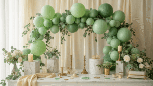 Green Balloons: The Ultimate Guide to Stylish Event Decor and Content Creation Cinematic wide-angle shot of a luxurious event styling workspace featuring green balloons in various shades, marble pedestals, golden arch strips, and soft natural daylight filtering through sheer curtains, creating an inviting atmosphere with botanical accents.