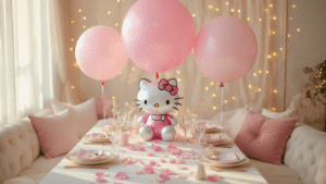Hello Kitty Balloons: The Ultimate Party Decoration Guide Cinematic overhead shot of Hello Kitty balloons in pastel hues above an elegant party setup, featuring giant character balloons, silk streamers, rose petals, and warm golden hour lighting, creating a cozy atmosphere with fairy lights bokeh in the background.