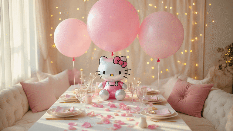 Hello Kitty Balloons: The Ultimate Party Decoration Guide Cinematic overhead shot of Hello Kitty balloons in pastel hues above an elegant party setup, featuring giant character balloons, silk streamers, rose petals, and warm golden hour lighting, creating a cozy atmosphere with fairy lights bokeh in the background.