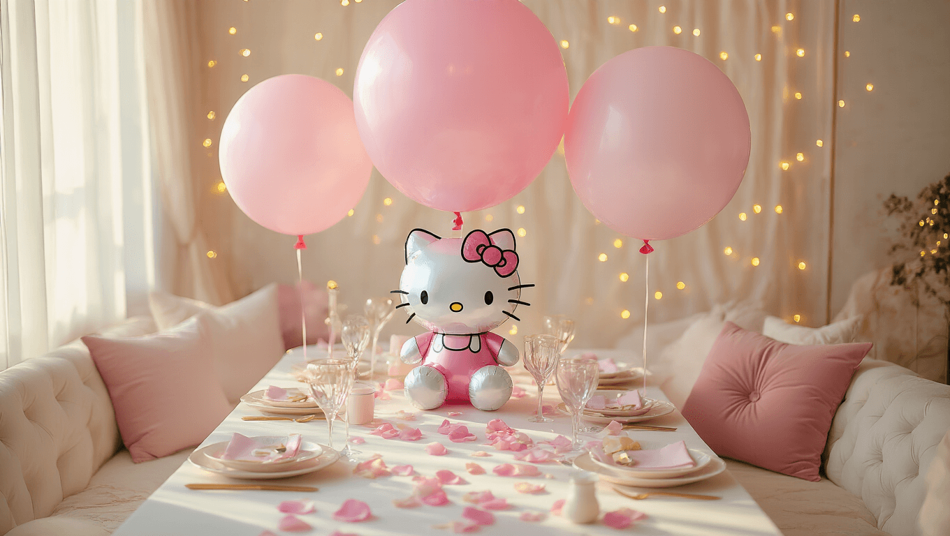 Cinematic overhead shot of Hello Kitty balloons in pastel hues above an elegant party setup, featuring giant character balloons, silk streamers, rose petals, and warm golden hour lighting, creating a cozy atmosphere with fairy lights bokeh in the background.