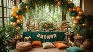 Wild One Birthday Party: The Ultimate Jungle Celebration Guide Cinematic overhead view of an elegant jungle-themed birthday party setup with emerald silk table linens, gold animal figurines, lush tropical centerpieces, a safari balloon arch, flickering candles, rustic cake stands, vintage ceramic plates, personalized banners, and warm golden hour lighting.