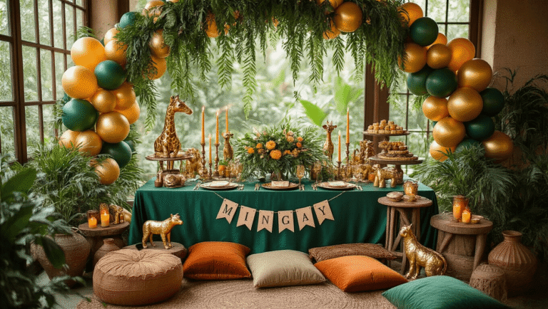 Wild One Birthday Party: The Ultimate Jungle Celebration Guide Cinematic overhead view of an elegant jungle-themed birthday party setup with emerald silk table linens, gold animal figurines, lush tropical centerpieces, a safari balloon arch, flickering candles, rustic cake stands, vintage ceramic plates, personalized banners, and warm golden hour lighting.