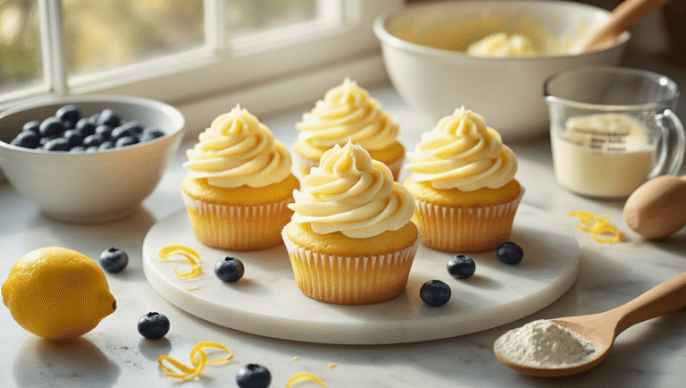 Lemon Blueberry Cupcakes: A Burst of Sunshine in Every Bite Overhead view of golden lemon blueberry cupcakes topped with creamy swirled cream cheese frosting on a marble countertop, surrounded by fresh blueberries, lemon zest curls, and baking tools, illuminated by warm morning light.