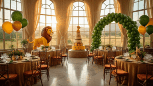 Ultimate Guide to Lion King Balloons: Transform Your Party Magic Cinematic wide-angle view of a luxurious ballroom transformed into a Lion King safari-themed birthday party, featuring tiered tables with earth-toned silk linens, floating Simba balloons, jungle-green arches, and rustic decor, all illuminated by warm golden sunlight.