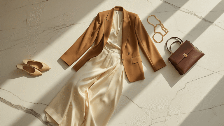 Long-Line Blazer with Silk Trousers: The Ultimate Style A camel long-line blazer and cream silk trousers elegantly arranged on a white marble surface, with gold jewelry, pointed-toe flats, and a structured leather handbag in soft natural lighting.
