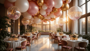 Big Balloons: The Ultimate Guide to Making Your Event Pop! Cinematic wide-angle shot of a luxurious event space adorned with oversized pearl white, blush pink, and metallic gold balloons, sunlight streaming through tall windows, illuminating marble floors and elegant round tables, featuring confetti-filled translucent balloons and eucalyptus garlands.