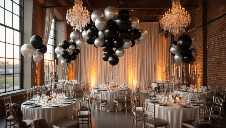 Black and Silver Balloons: The Ultimate Guide to Sophisticated Event Styling A luxurious ballroom setup during golden hour, featuring elegant black matte and silver chrome balloon centerpieces, warm amber lighting, crystal chandeliers, ivory silk table linens, and a balloon garland backdrop against exposed brick.