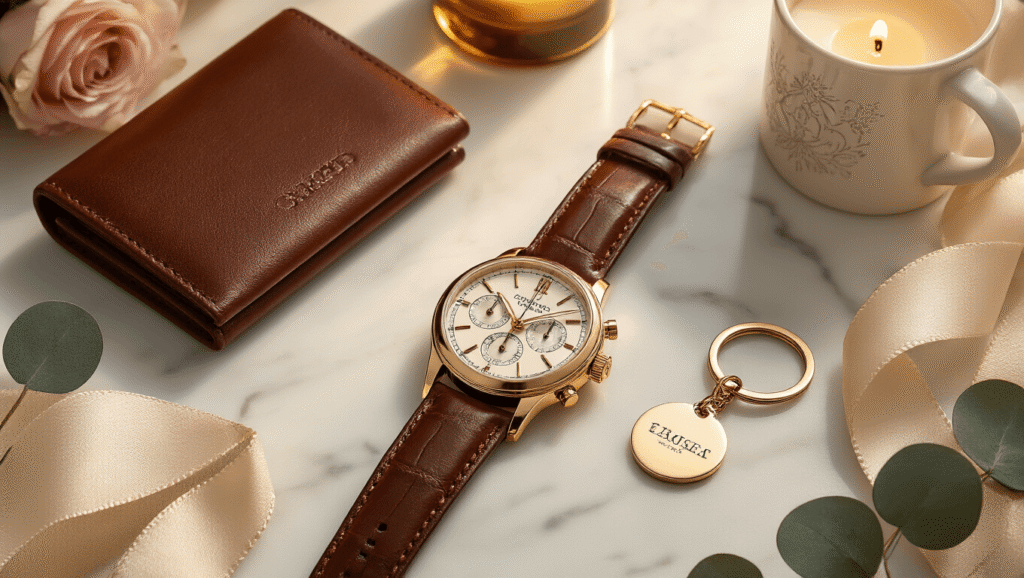 Best Anniversary Gift Ideas for Him: Personalized Presents That Wow Overhead view of luxury anniversary gifts including an engraved chronograph watch, leather wallet, personalized keychain, and custom mug arranged on a polished marble surface, accented with blush roses and eucalyptus, illuminated by warm golden hour lighting.