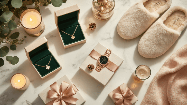 Ultimate Christmas Gift Guide for Women in 2025: Thoughtful Presents They'll Absolutely Love Cinematic overhead view of a luxurious Christmas gift arrangement on a marble surface, showcasing personalized jewelry, plush slippers, a smartwatch, spa sets, and a temperature control mug, all adorned with silk ribbons and fresh florals under warm golden lighting.