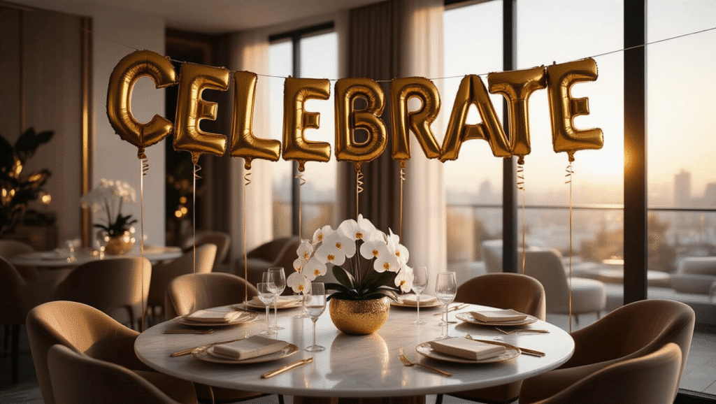 Letter Balloons: The Ultimate Party Decor Secret Weapon Cinematic wide shot of an elegant dining room featuring oversized metallic gold letter balloons spelling 'CELEBRATE,' a round marble table adorned with silk ivory linens, crystal glassware, and fresh white orchids, all illuminated by golden hour sunlight through large windows.
