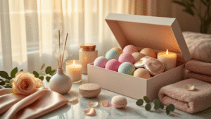20 Incredible Gift Box Ideas That Will Blow Your Mind in 2025 Cinematic close-up of a luxury self-care gift box filled with pastel bath bombs, silk eye masks, and candles on a marble countertop, illuminated by golden hour sunlight, surrounded by rose petals and eucalyptus, with a ceramic diffuser and plush textiles creating a serene spa-like atmosphere.