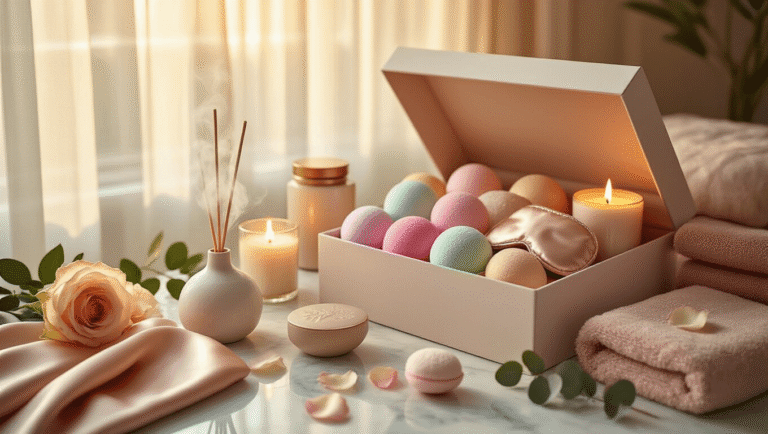 20 Incredible Gift Box Ideas That Will Blow Your Mind in 2025 Cinematic close-up of a luxury self-care gift box filled with pastel bath bombs, silk eye masks, and candles on a marble countertop, illuminated by golden hour sunlight, surrounded by rose petals and eucalyptus, with a ceramic diffuser and plush textiles creating a serene spa-like atmosphere.