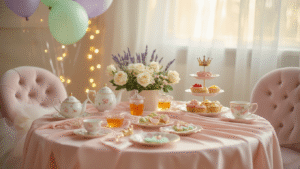 Magical Toddler Tea Party Birthday: The Ultimate Guide to Creating Unforgettable Memories Cinematic wide shot of a magical toddler tea party with pastel decor, featuring a low wooden table draped in blush pink silk, miniature tea sets, colorful cupcakes, and heart-shaped sandwiches, surrounded by velvet cushioned chairs, fairy lights, and floating balloons in a warm, inviting atmosphere.