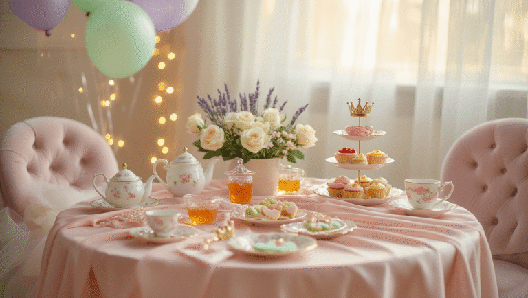Magical Toddler Tea Party Birthday: The Ultimate Guide to Creating Unforgettable Memories Cinematic wide shot of a magical toddler tea party with pastel decor, featuring a low wooden table draped in blush pink silk, miniature tea sets, colorful cupcakes, and heart-shaped sandwiches, surrounded by velvet cushioned chairs, fairy lights, and floating balloons in a warm, inviting atmosphere.