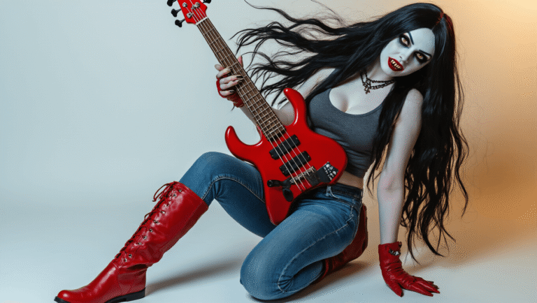 Marceline Cosplay: How I Nailed the Vampire Queen's Look (And You Can Too!) A confident woman in Marceline cosplay with a charcoal gray tank top and blue skinny jeans, wearing striking red knee-high leather boots and holding a red electric bass guitar, set against a clean white background with moody warm golden highlights.