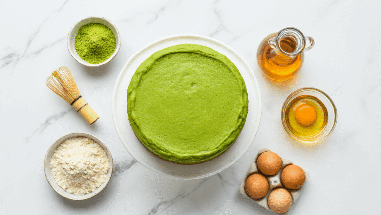 Gluten-Free Matcha Birthday Cake: A Vibrant Green Celebration Delight Cinematic overhead view of a vibrant green matcha birthday cake on a white ceramic stand, surrounded by finely arranged baking ingredients on a marble countertop, including matcha powder, almond flour, maple syrup, coconut oil, fresh eggs, and vanilla extract, illuminated by soft natural lighting.