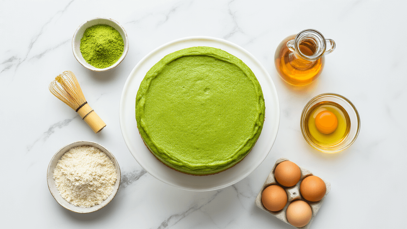 Cinematic overhead view of a vibrant green matcha birthday cake on a white ceramic stand, surrounded by finely arranged baking ingredients on a marble countertop, including matcha powder, almond flour, maple syrup, coconut oil, fresh eggs, and vanilla extract, illuminated by soft natural lighting.