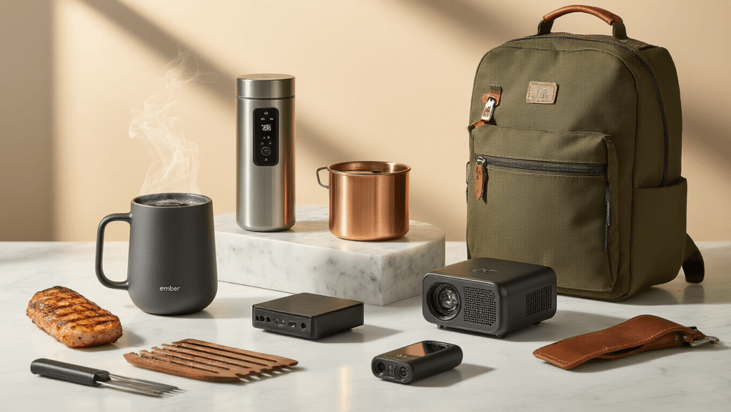 Awesome Gift Ideas for Men: The Ultimate Guide to Impressive Presents Cinematic wide-angle image of an elegant gift display featuring tech gadgets, grilling tools, and adventure gear on white marble, illuminated by warm golden hour lighting, with a minimalist composition and rich textures in gunmetal gray, copper, and olive green.
