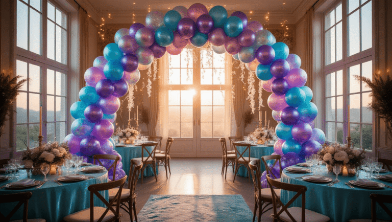 Enchanting Mermaid Balloons: The Ultimate Party Decor Magic Cinematic wide-angle shot of an elegantly decorated ballroom featuring a shimmering mermaid balloon arch in iridescent colors, round tables with aqua silk linens and fresh florals, and warm candlelight creating a magical underwater atmosphere.
