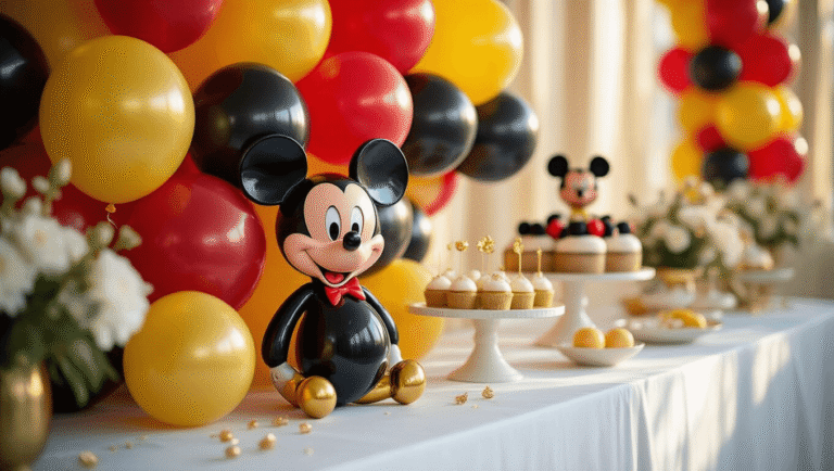 Mickey Mouse Balloons: The Ultimate Party Decoration Guide Cinematic close-up of a luxurious Mickey Mouse party setup with red, yellow, and black balloons on a white tablecloth, featuring elegant treats and soft golden hour lighting.