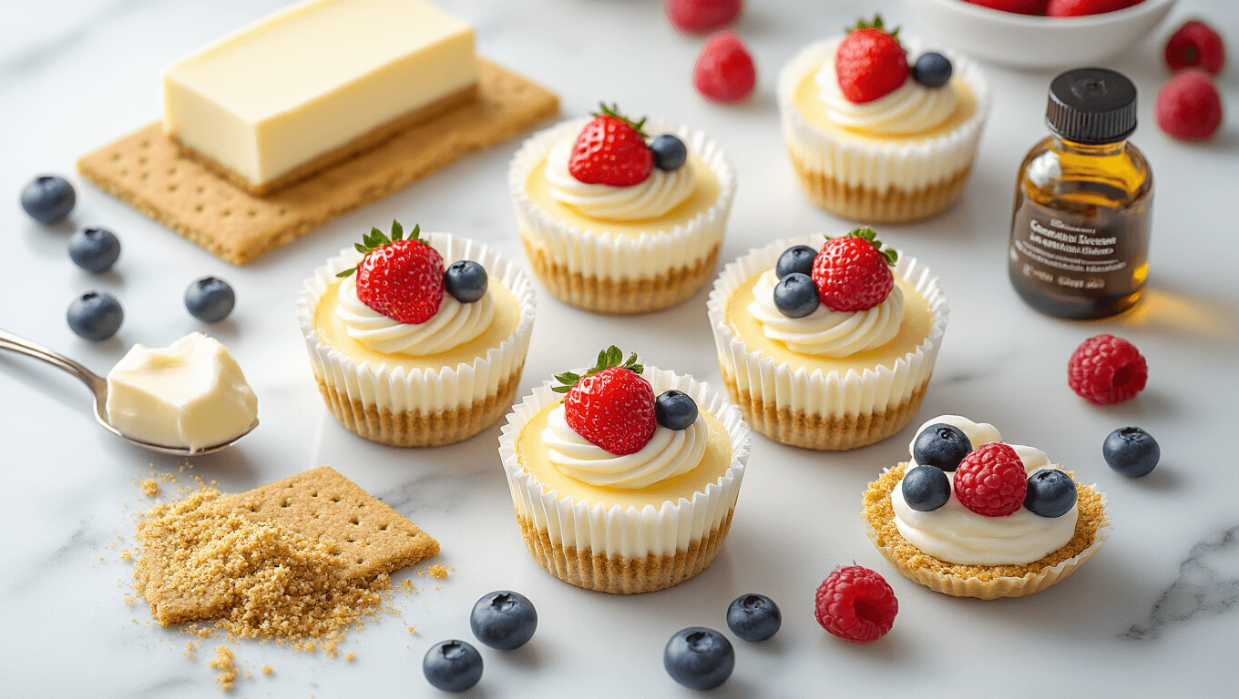 Cinematic overhead shot of mini cheesecakes in white liners with golden crusts, topped with fresh strawberries, blueberries, and raspberries, arranged on a marble surface with scattered ingredients and warm natural lighting.