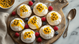 Mini Pavlovas with Passionfruit: A Stunning Dessert Masterpiece Cinematic overhead shot of mini pavlovas topped with cream and passionfruit, surrounded by fresh berries on a rustic wooden board, with warm natural lighting and elegant food styling.