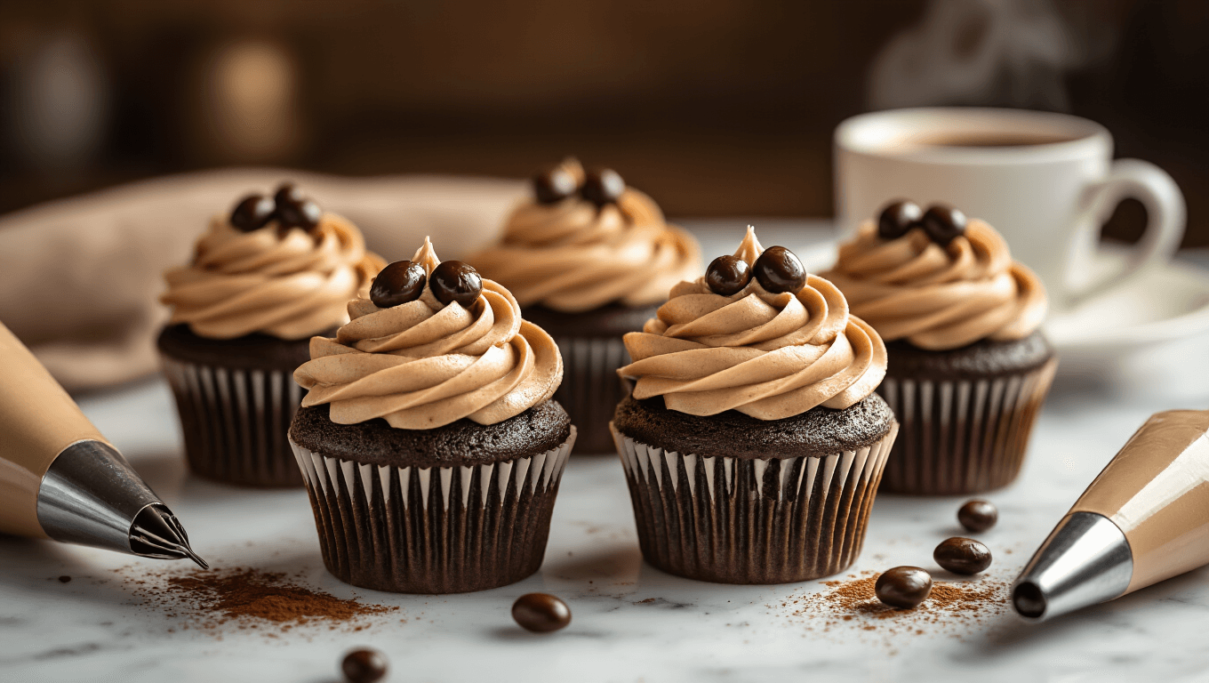 Close-up of chocolate mocha cupcakes topped with espresso buttercream and chocolate-covered espresso beans, set on a marble countertop with warm lighting and a steaming coffee cup in the background.